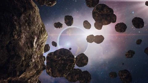 Flight through the asteroids in space, the planet Saturn, with its bright glare Stock Illustration