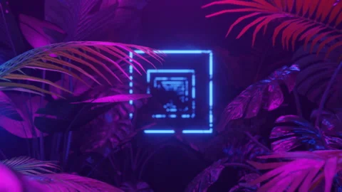 Flight through dark jungle with tropic plants with Purple and blue neon lights Stock Footage 263138441
