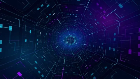 Flight through a digital tunnel with stars and a hexagonal portal Stock Footage 344789591