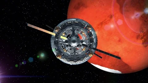 Flight through the door of the sci-fi spaceship on background of Mars Stock Footage 85059235