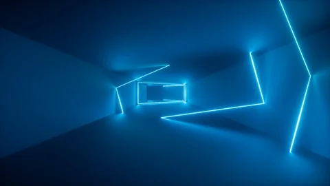 Flight through endless corridor, blue neon light, glowing lines, frames, abst Stock Footage 108101429