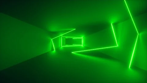 Flight through endless corridor, green neon light, glowing lines, frames, abs Video stock 108101572