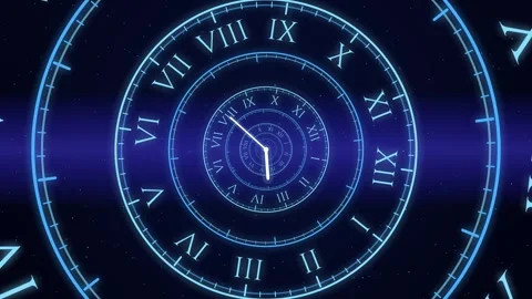 Flight through an endless tunnel of glowing blue Roman numeral dials seamless Stock Footage 348647657