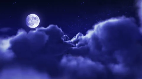 Flight through fluffy clouds with bright full Moon and stars at night. Loopable. Video stock 54838074