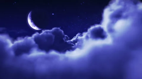 Flight through fluffy clouds with bright crescent Moon and stars. Loopable. Video stock 54838077