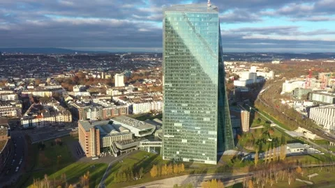 Flight through at Frankfurt am Main, Germany. Headquarters of the European Bank Stock Footage 295042192