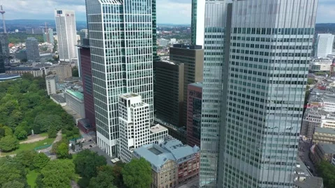 Flight through Frankfurt am Main, Germany. Skyline. New Skyscrapers Stock Footage 330611860
