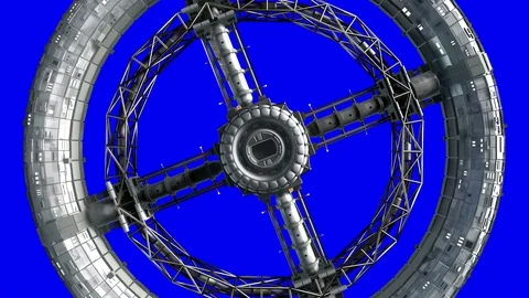 Flight through the gates of the sci-fi space station on Blue background Stock Footage 85057829