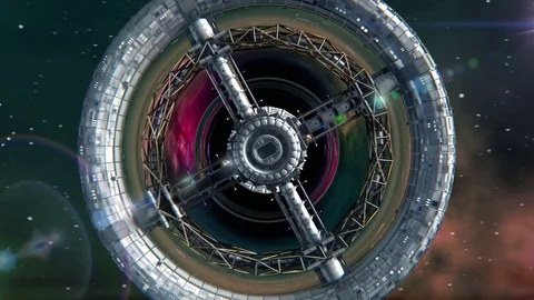 Flight through the gates of the sci-fi space station on background of black hole Stock Footage 85057859
