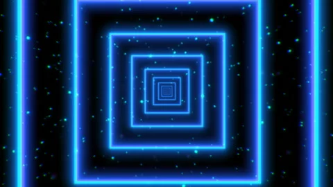 Flight Through Glowing Blue Square Tunnel In The Starfield. Retro Look Animation Stock Footage 148271173