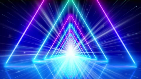 Flight through glowing neon triangles, tunnel, triangle shaped led arcade. Laser Video stock 274641971