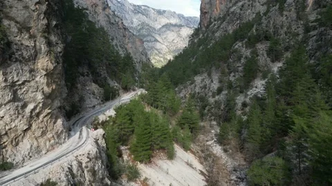 Flight through a gorge with a mountain stream along a winding road 動画素材 231025930