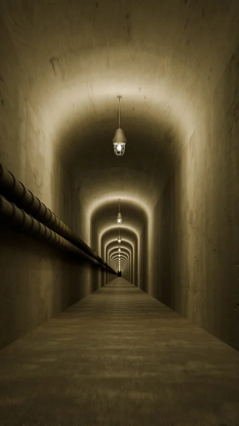 Flight through a long tunnel in an underground bunker. Vertical video. Stock Footage 328453360