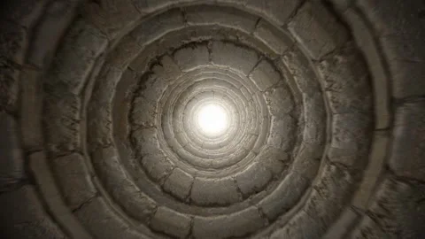 A flight through an old, bright stone tunnel with light at the end Video stock 342291359