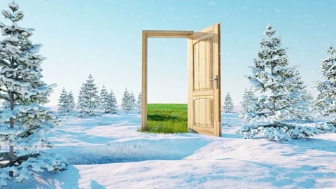 Flight through an open door. A portal winter to summer, Change of seasons concep Stock Footage 73812867