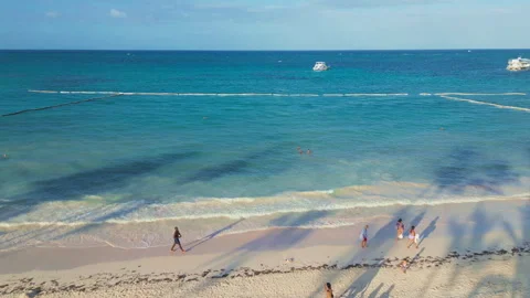 Flight through palm trees to a tourist beach and the ocean with vacationers Video stock 308307409