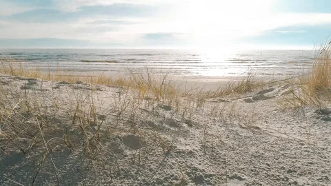 Flight Through Sand Dunes, Seaside Beach Aerial View Stock Footage 90047693