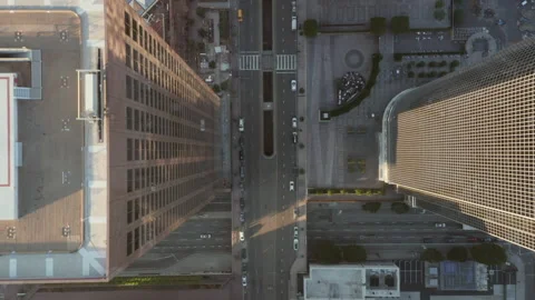 Flight through a Skyscraper Canyon of Big City Los Angeles Downtown Area, Birds Stock Footage 142644584