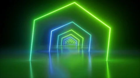 Flight through spinning hexagonal tunnel, corridor, green neon light, abstrac Stock Footage 108101542