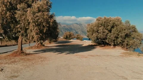Flight through trees to sea with mountain view in Kardamena Stock Footage 137709644
