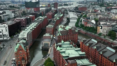 Flight through the Warehouse district, downtown in Hamburg, Germany. Vidéo 237527857