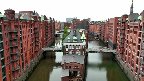Flight through the Warehouse district, downtown in Hamburg, Germany. Stock Footage 237531360