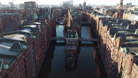 Flight through the Warehouse district in Hamburg Germany called Speicherstadt Video stock 145771770