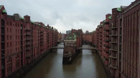 Flight through the Warehouse district in Hamburg Germany called Speicherstadt Video stock 145851944