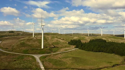 Flight through Welsh wind farm 3 Stock Footage 232766032