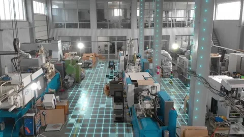 Flight through the workshop of a modern factory. Visualization of artificial Vidéo 235309795