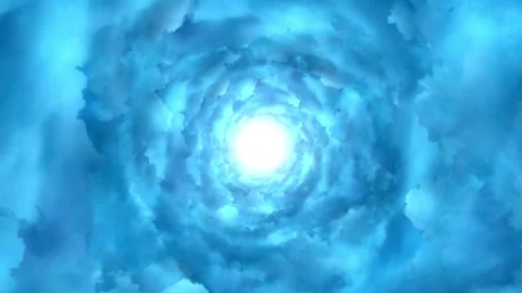 Flight throught bright blue glowing cloudy tunnel. Energy twist rotating cl.. Stock Footage 320374005