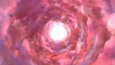 Flight throught bright pink glowing fantasy cloudy tunnel. Energy twist rot.. Stock Footage 321020376