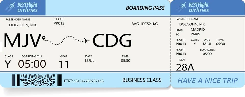 Flight ticket. Blue boarding pass. Stock Illustration