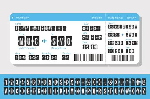 Flight ticket with terminal typeface. Airline Coupon template with airport board Illustrazione stock