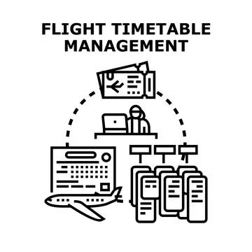 Flight timetable management concept illustrating a person using a laptop to c Stock Illustration