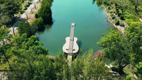 Flight from top to bottom over green field beautiful lake and pier in shape Stock Footage 248860039