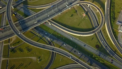 Flight top down multilevel road junction epic highway Driving logistics Russia  Stock Footage 128750034