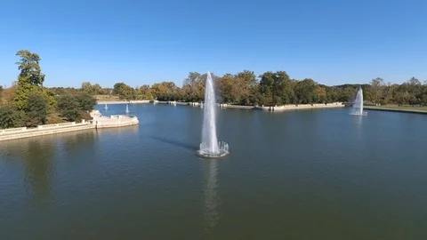 Flight Toward Fountain in Lake, Sunny Day, Close-Up Stock Footage