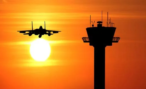 Flight tower and plane Stock Photos