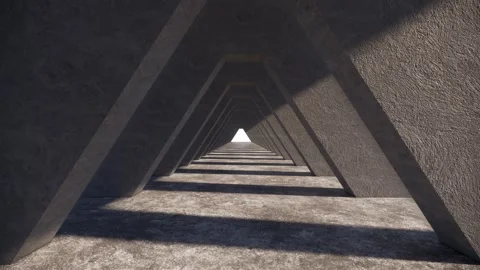 A flight into triangular concrete tunnel. triangular archway. 3D Rendering Stock Footage 262975487