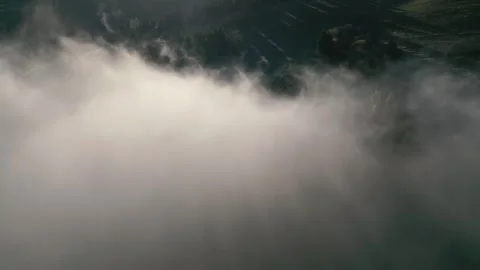 Flight trough misty cloud with rays of sun light in magic morning nature at Stock Footage 260125385