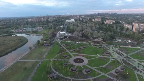 Flight under the barbecue zone in park of culture and rest In the evening in Video stock 238757921