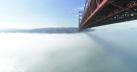 Flight under the bridge. Aerial view of the Golden Gate Bridge in San Francisco Видео 87865079