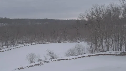 Flight under winter river and forest Видео 94724452
