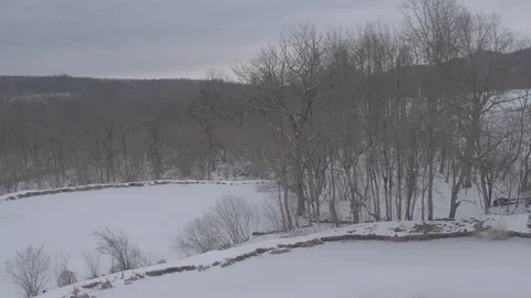 Flight under winter river and forest Stock-Footage 94724477