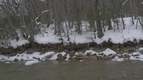 Flight under winter river and forest Stock-Footage 94724624