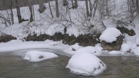 Flight under winter river and forest Video stock 94724659