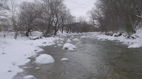 Flight under winter river and forest Видео 94724691