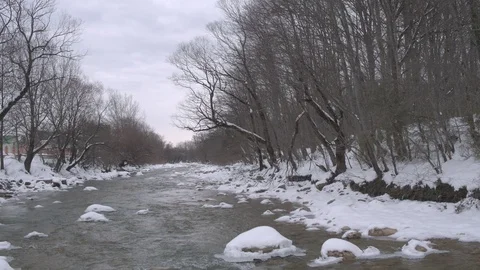 Flight under winter river and forest Stock-Footage 94724771