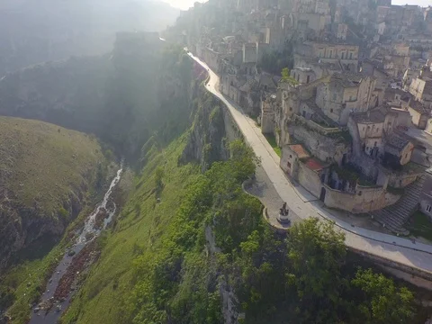 Flight from the valley to the city on the mountain Stock Footage 72421930